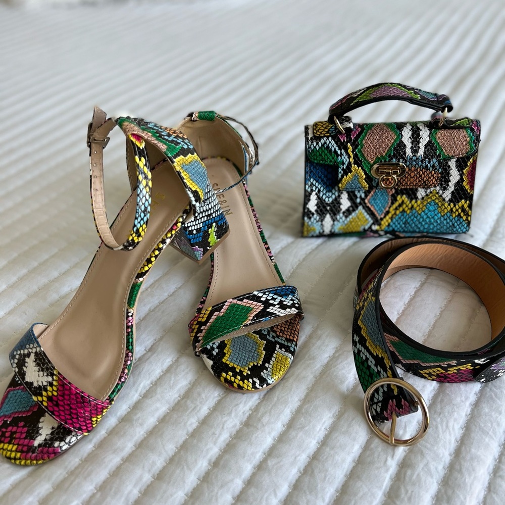 Snakeskin print - ankle strap chunky heels -flap satchel bag- O-ring buckle belt